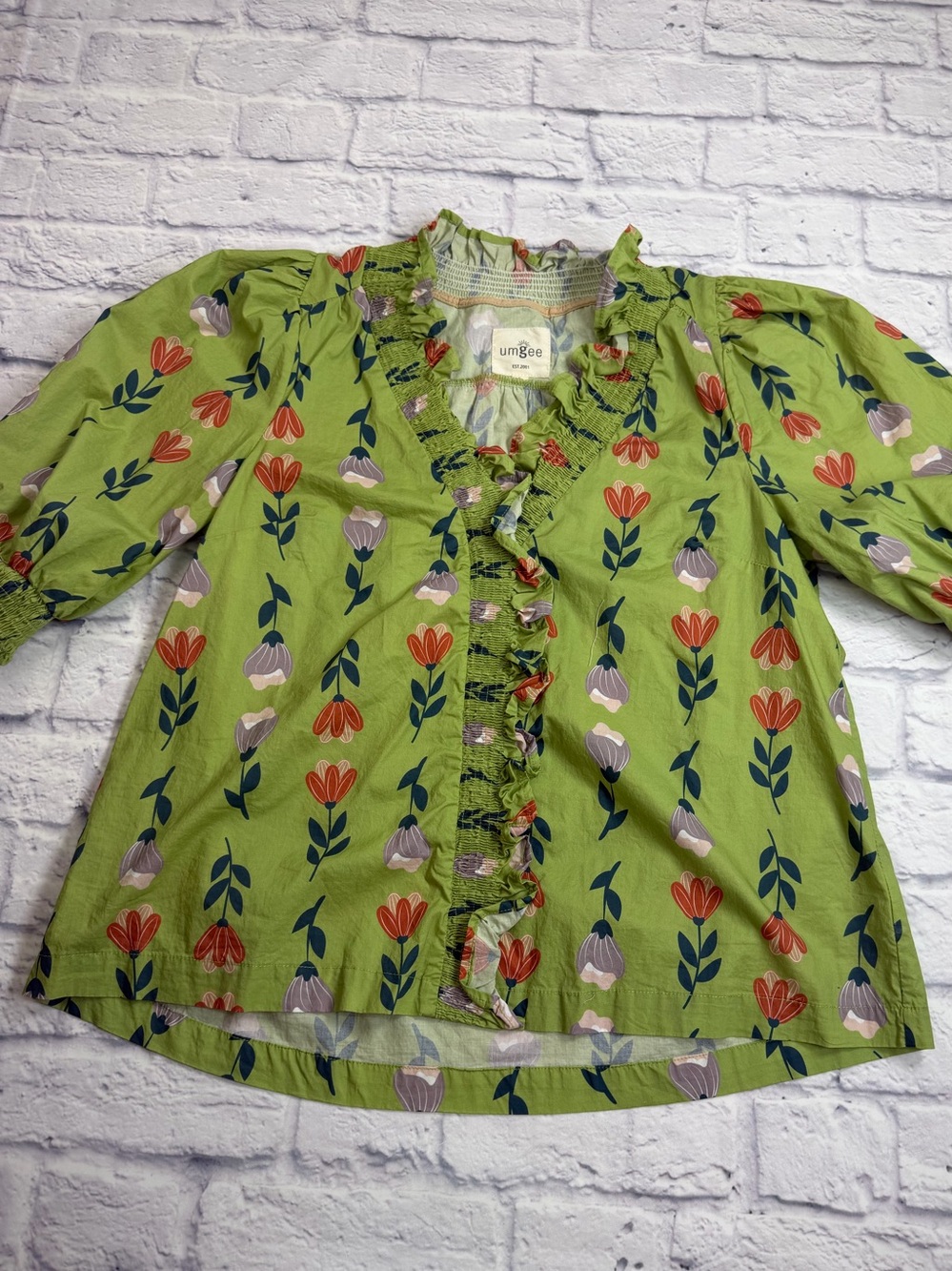 Anthropologie Umgee Green Floral Ruffle V-Neck Blouse. Size Large. Boho. Fall.